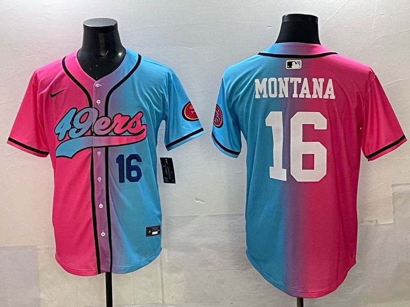 Men 2025 San Francisco 49ers #16 Montana Pink Blue Nike Limited NFL Jersey 04